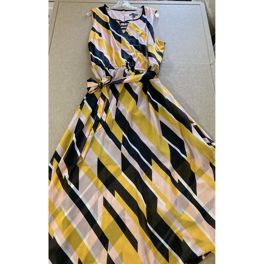 Lane Bryant Stripped Maxi Dress Sz 24 New Black Pink Yellow Belted Wedding Guest - Picture 12 of 12